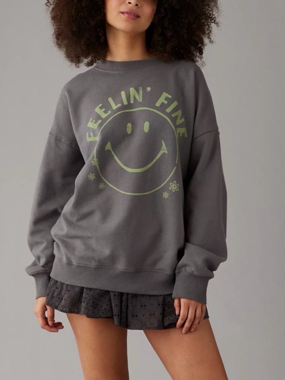 American Eagle AE Feelin Fine Graphic Smiley Face Oversized Sweatshirt Size S